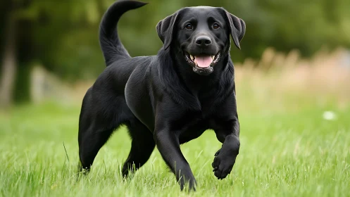 Playful black Labrador running across sunlit green field.