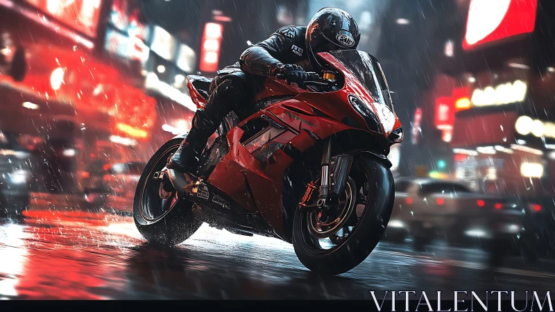 Red lightning leans low through neon rain and midnight traffic