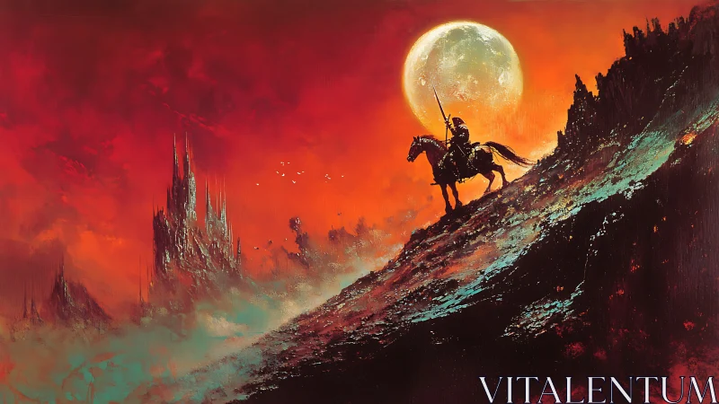 Lone armored rider on burning red slope under full moon.