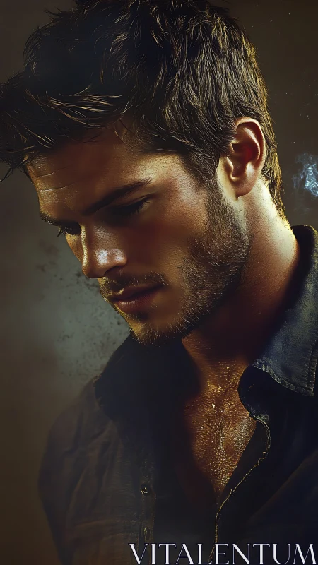 Male subject portrait displays side profile under low lighting