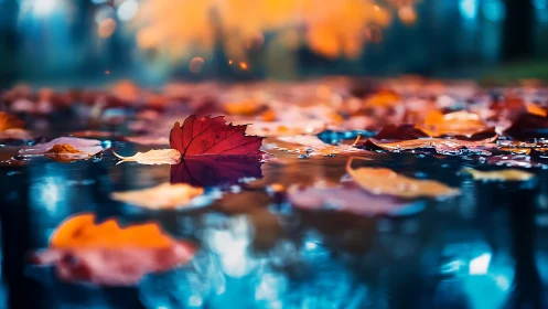 Autumn leaf on reflective water with soft colorful bokeh.