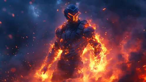 Fiery armored hero emerging boldly from swirling smoke.