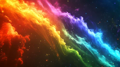 Multicolored nebula arc across deep space star field.