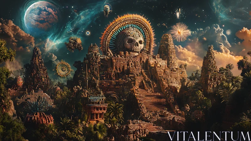 Alien jungle temple crowned by colossal skull under cosmos.