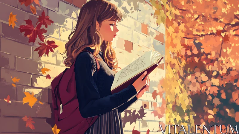 Autumn student portrait reading by brick wall in golden light.