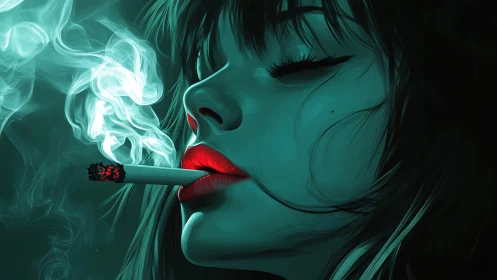 Midnight muse exhaling neon smoke in electric hush.
