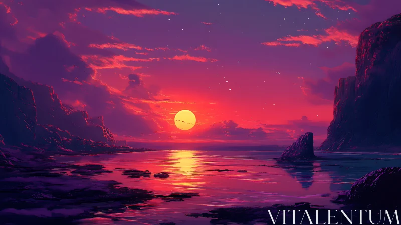 Crimson ocean sunset ignites cliffs and mirrored water.