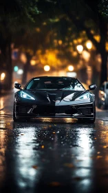 Sleek sports car gleams on a rainy city street at night.