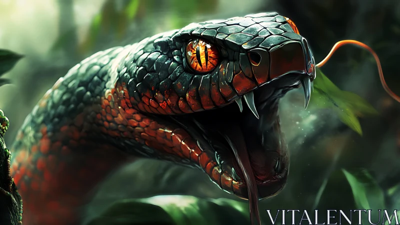 Digital close-up of venomous snake head in jungle setting.