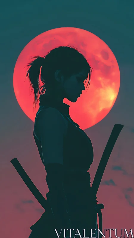Silent kunoichi silhouette contemplates beneath a crimson moon