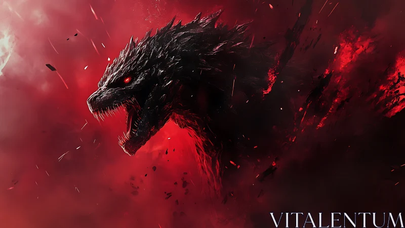 Digital painting of roaring kaiju head in red vapor field.