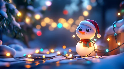 Cartoon snowman with holiday string lights in snow at night.