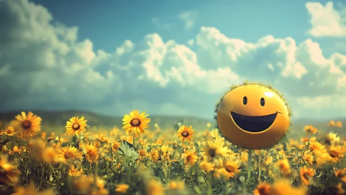 Digital painting of smiley orb within luminous daisy meadow.