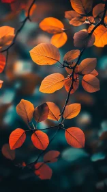 Autumn leaves glow softly against a deep teal forest haze