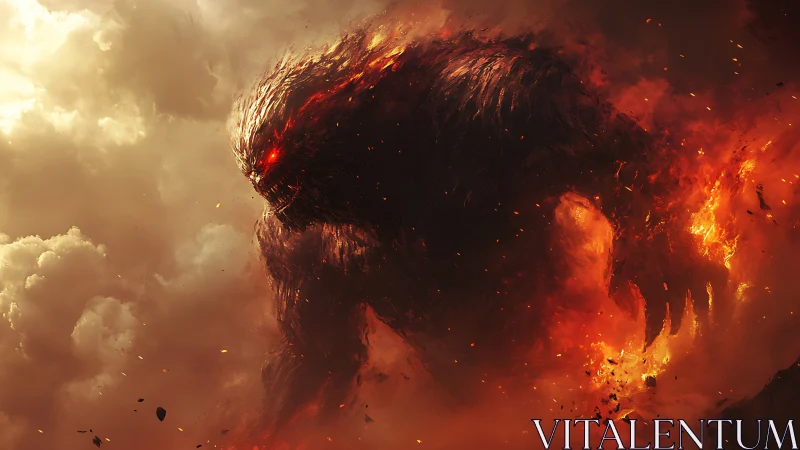 Firestorm titan strides through glowing clouds of embers.