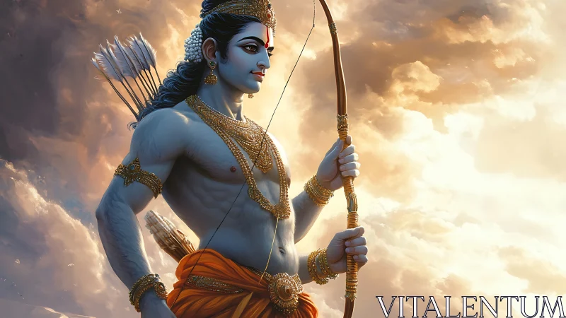 Digital painting of divine archer against luminous cloudscape.