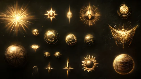 Celestial golden emblems glow against a mystical dark void