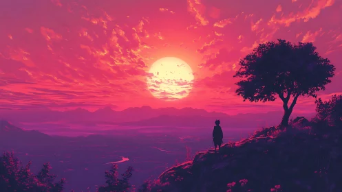 Solitary figure observes vivid red sunset over distant valley