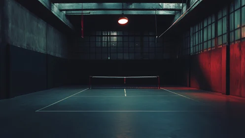 Indoor tennis court under dim industrial lighting at night.