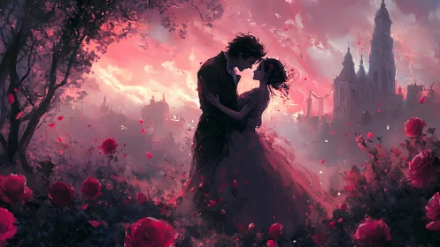 Silhouetted figures embracing amid flowering landscape, gothic architecture.