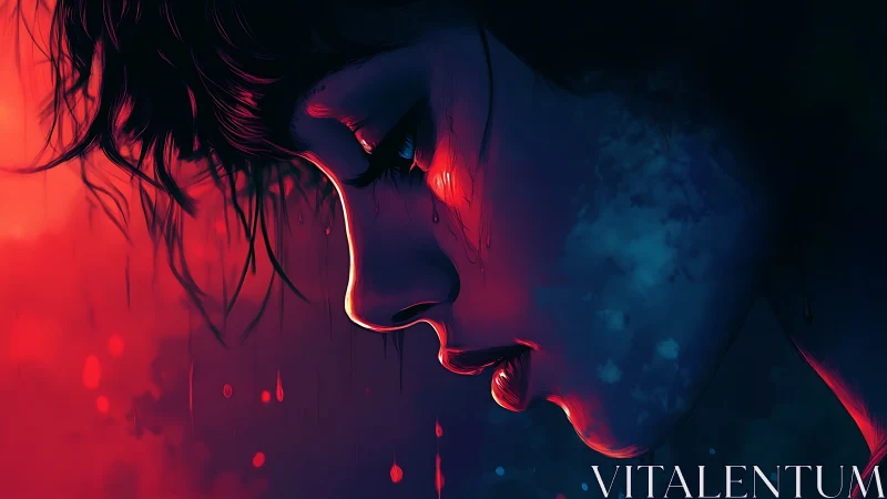 Melancholic profile glows in red blue cinematic contrast.