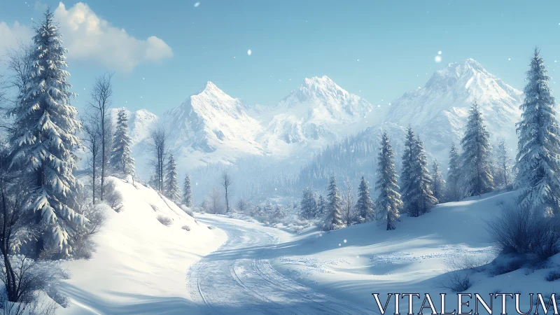 Whispering winter road curling toward blue-glass mountains.