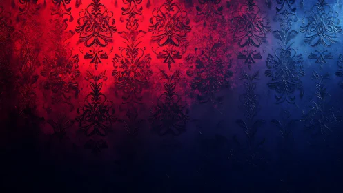 Rich red and blue damask wallpaper glowing with charm.