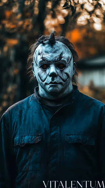 Mask-wearing figure stands in eerie autumn forest gloom.