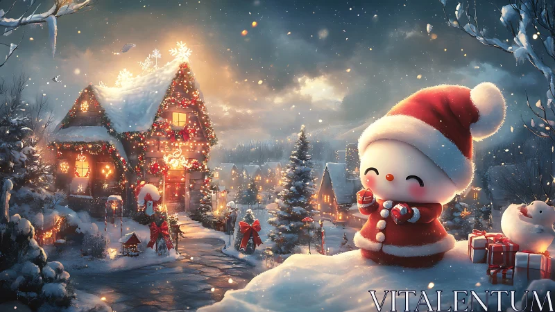 Snow-covered village scene shows stylized winter character