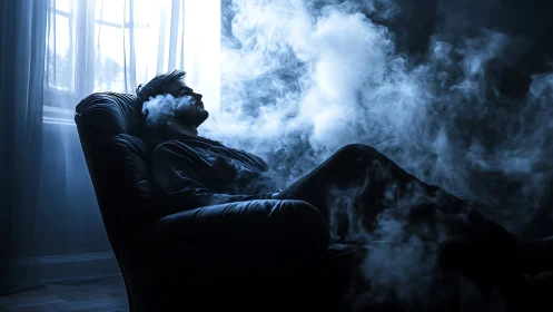 Backlit lounger silhouette immersed in dense drifting vapor