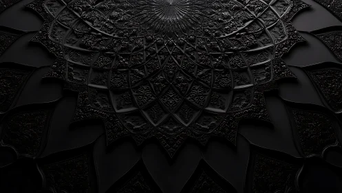 Dark radial mandala with ornate layered geometric petals.