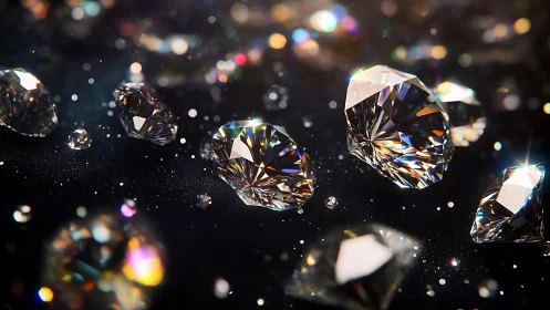 High-dispersion macro render of floating brilliant-cut diamonds