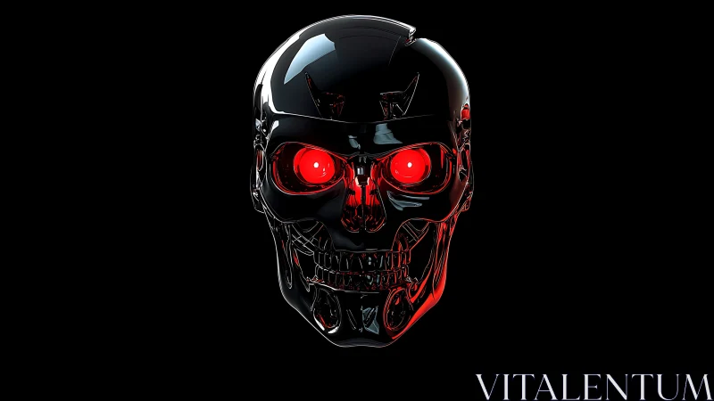 Chrome skull sentinel with burning red machine eyes poised.