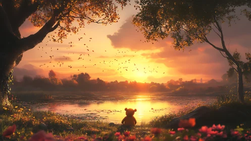 Digital sunset lake with teddy bear silhouette and trees.