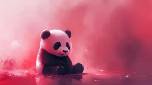 Digital baby panda study in saturated red fog environment