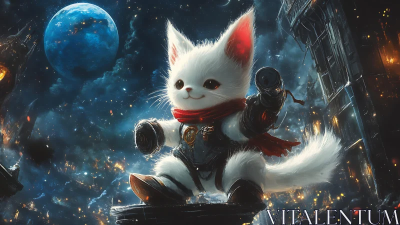 Armored spacefaring white cat hero surveys a burning orbital city