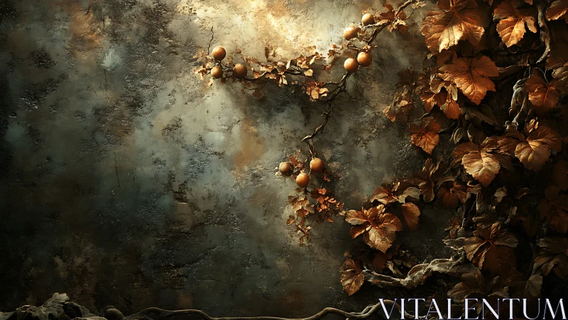 Golden autumn vines curling over a weathered stone wall.