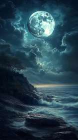 Luminous full moon hovers over stormy nocturnal coastline