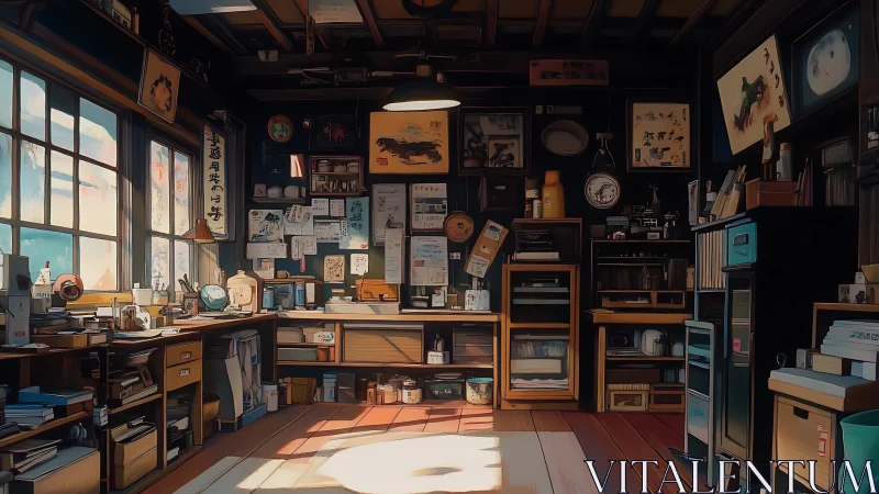 Sunlit vintage Japanese workshop interior study room.