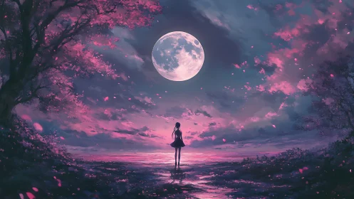 Girl under full moon in pink and blue twilight landscape.