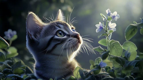 Kitten in Garden Gazes Upward Among Blooms.