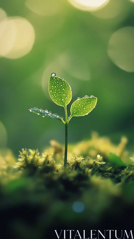 Macro seedling with dew droplets against soft bokeh field.