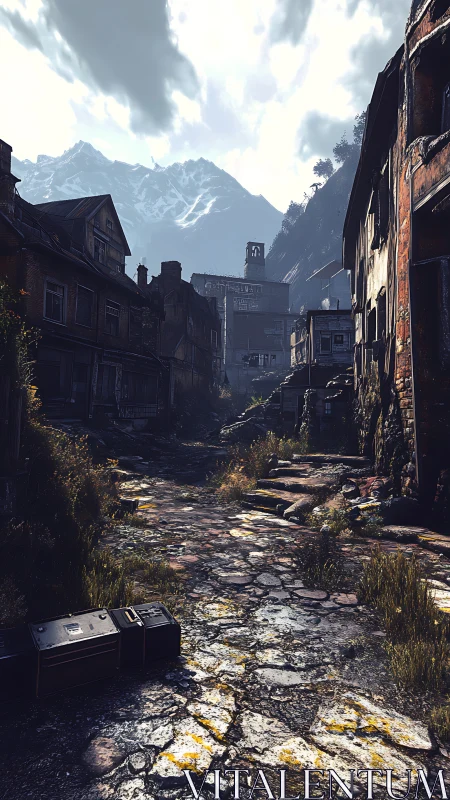 Post-collapse alpine settlement with decayed urban topology.