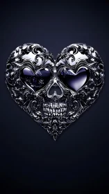 Baroque chrome heart-skull emblem in dark 3D relief.