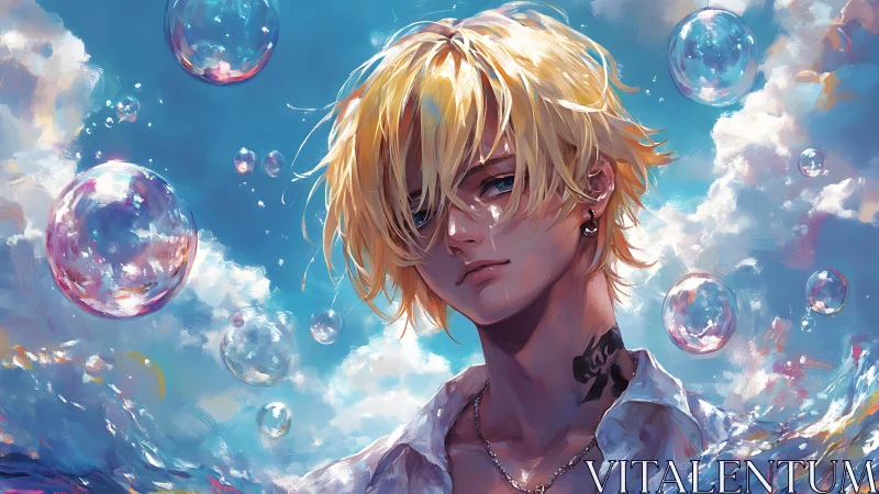 Blond anime boy emerges through shimmering sky bubbles