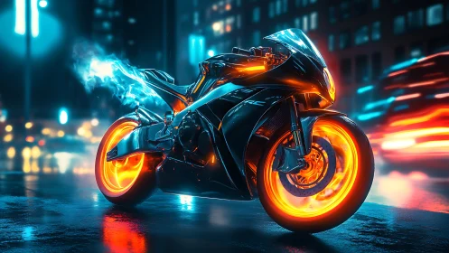 Futuristic neon superbike burns across wet cyberpunk street