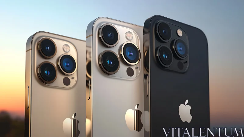 Three iPhone Pro Models Displayed in Sunset Light