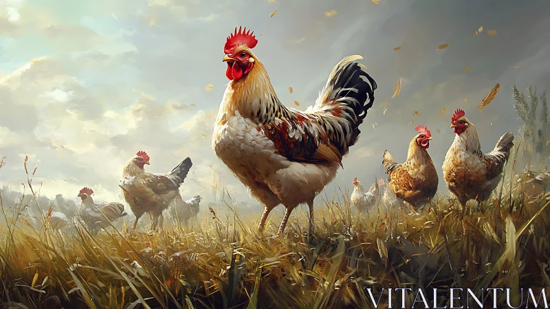 Rooster's Golden Symphony Across Harvest Fields.