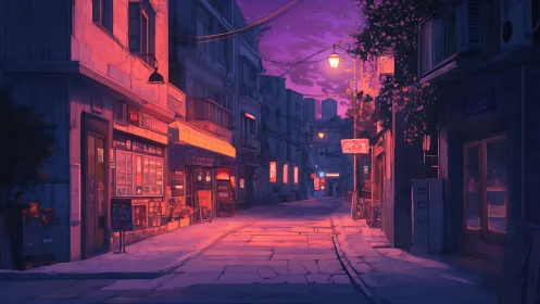 Twilight alleyway glowing with neon-lit storefront calm.