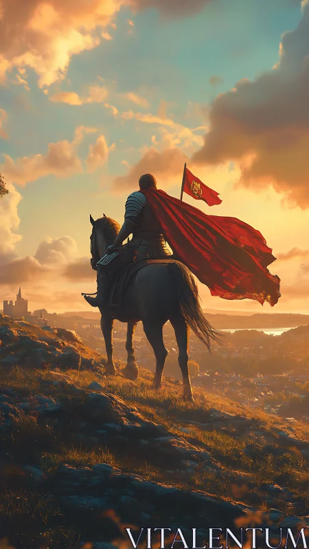 Armored rider surveys valley at sunset with red banner.